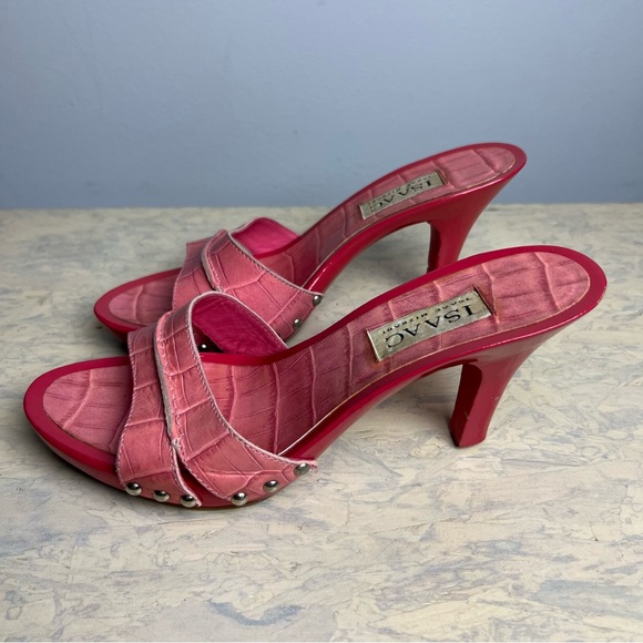 Vintage Isaac Mizrahi Kitten Heels Pink Crocodile Leather Sandals Sz 8 B Y2K - Picture 1 of 7